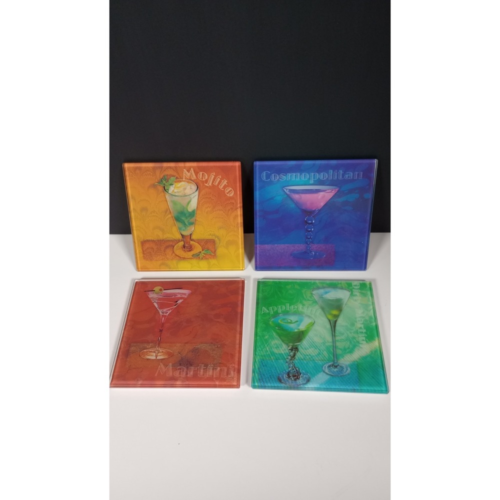 Glass Cocktail Coasters Set of 4 Mojito Martini Cosmopolitan Appletini 4"X4"X4"